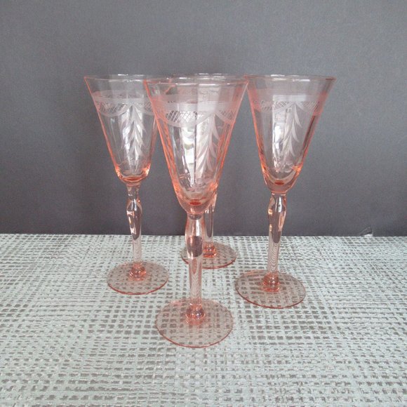 Vintage Crystal Pink Beveled Etched Wine Glasses Set of 4 - 7" Tall - Picture 6 of 14